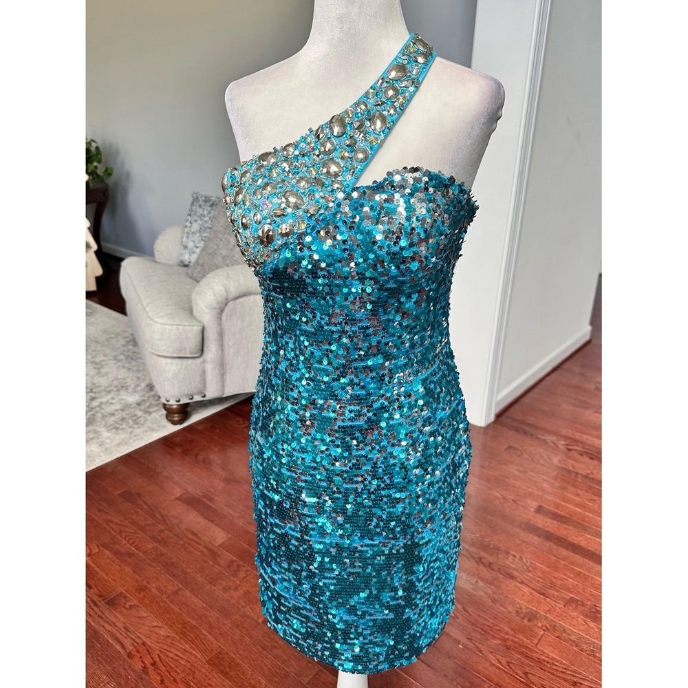 Tony Bowls Blue One Shoulder Fully Sequined Embellished Cocktail Party Dress - Picture 5 of 11